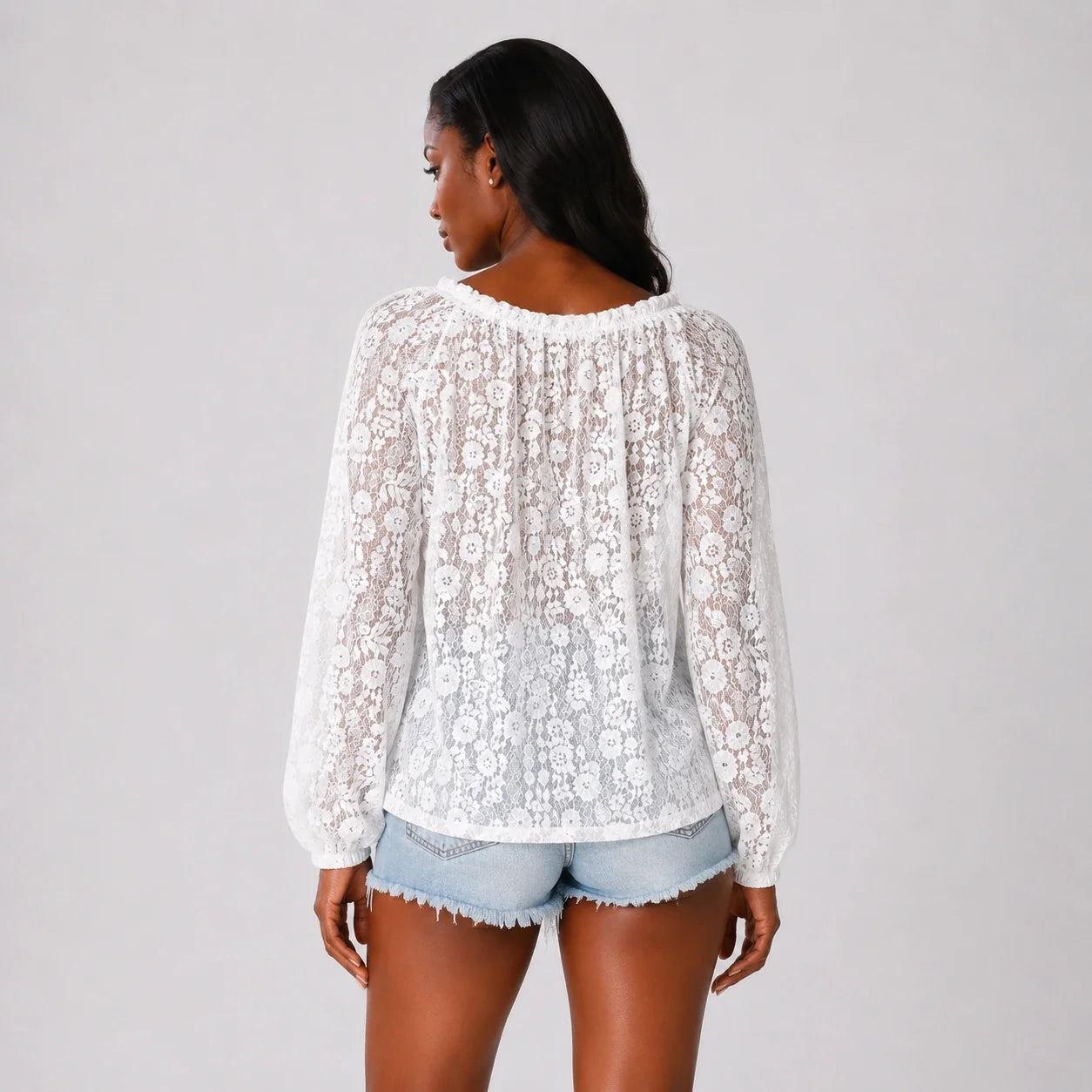 White Lace Tie-Neck Blouse WHD0606143