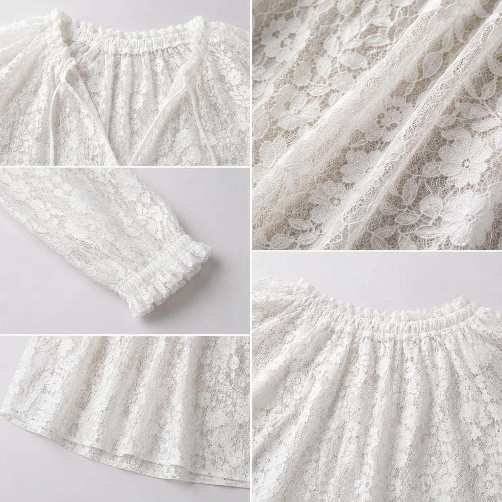 White Lace Tie-Neck Blouse WHD0606143