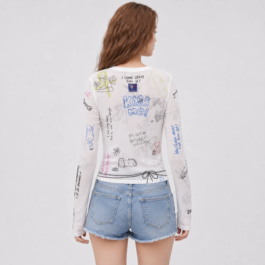 Graffiti Mesh Long Sleeve Top WHD0606144