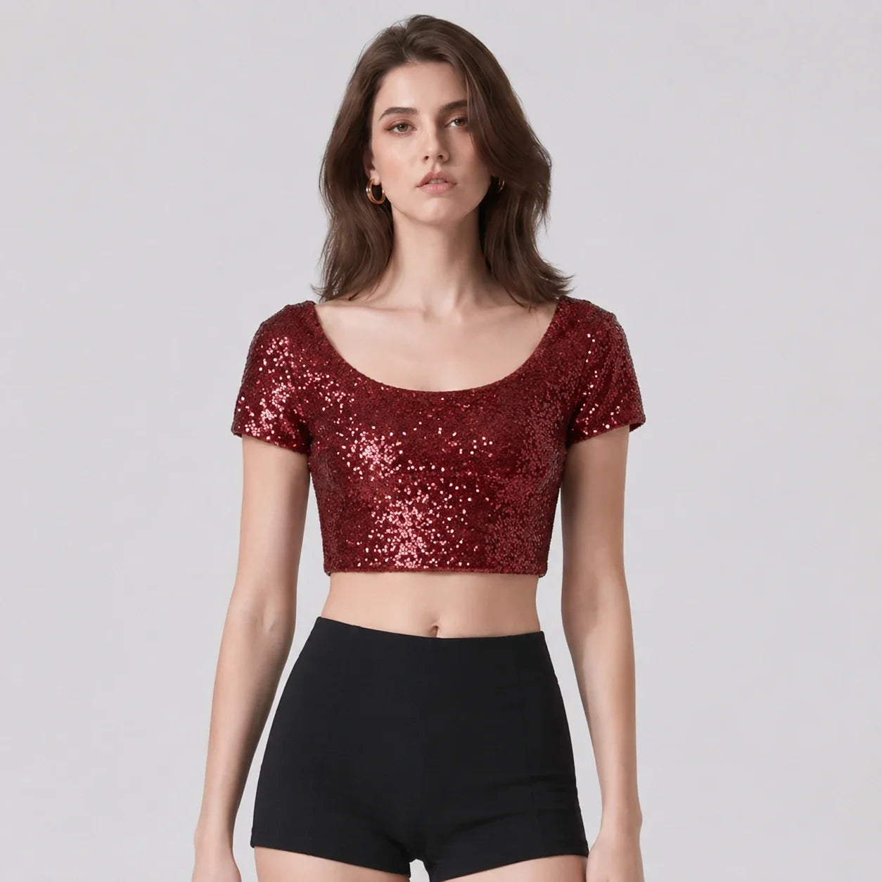 Sequin Short Sleeve Crop Top WHD0606145