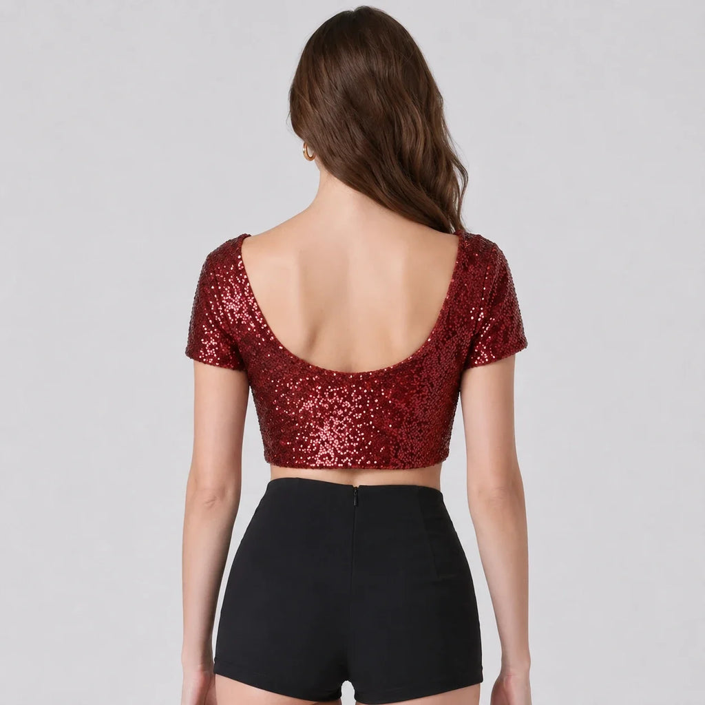Sequin Short Sleeve Crop Top WHD0606145