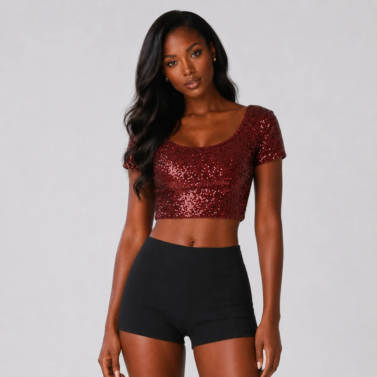 Sequin Short Sleeve Crop Top WHD0606145