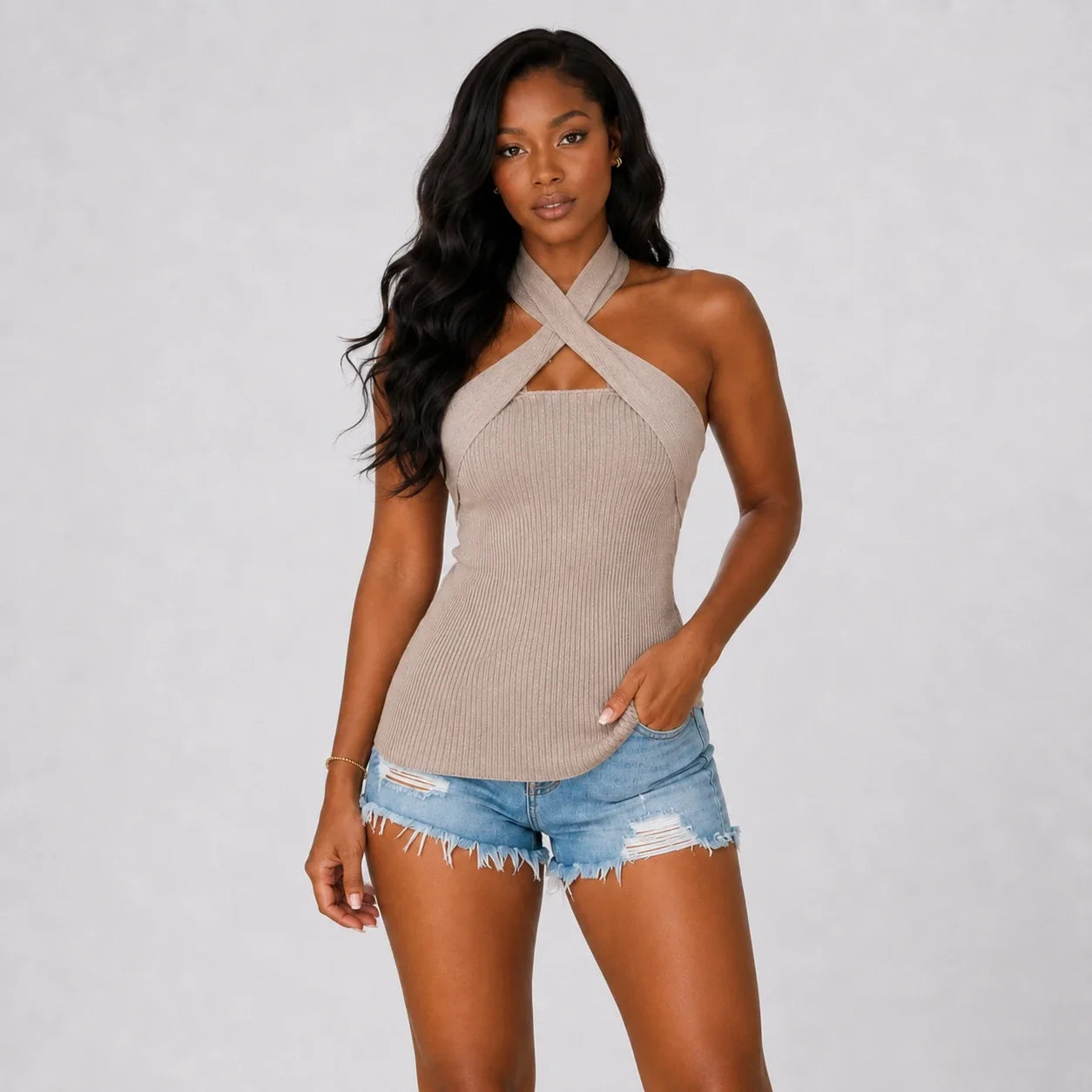 Cross Halter Knit Top WHD0606146