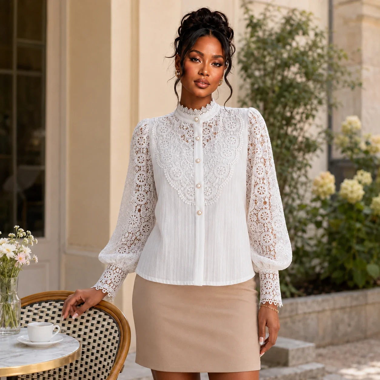 Lace Pearl Button Blouse WHD0606148