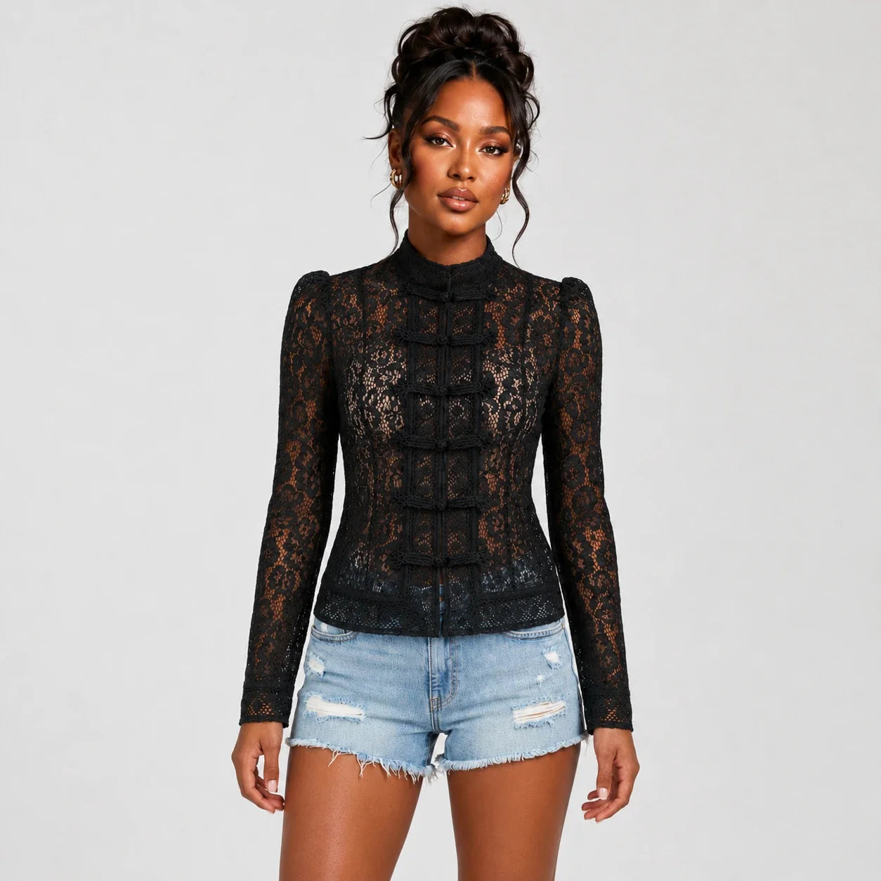 Lace Frog Button Blouse WHD0606151
