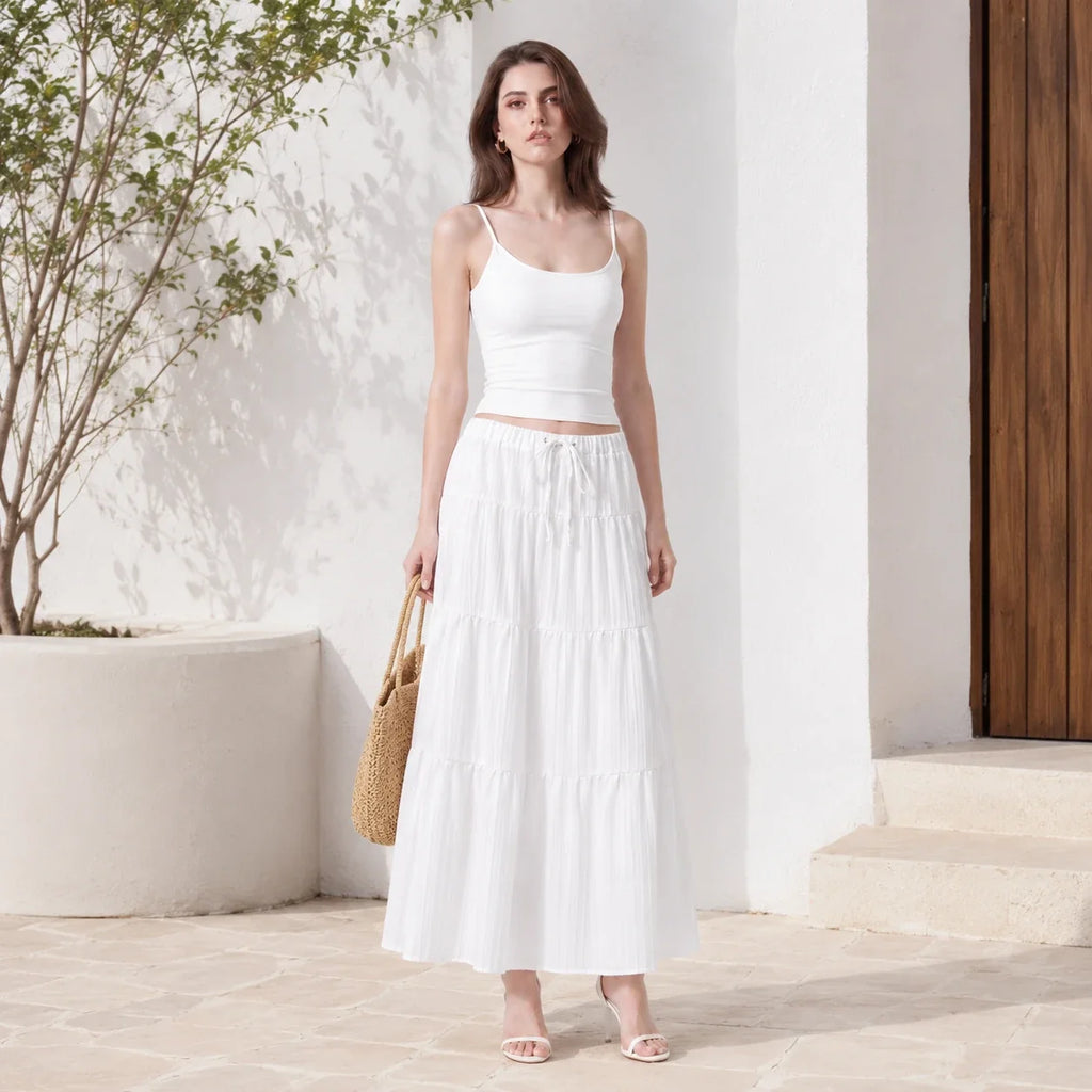 Tiered Drawstring Maxi Skirt WHD0606164