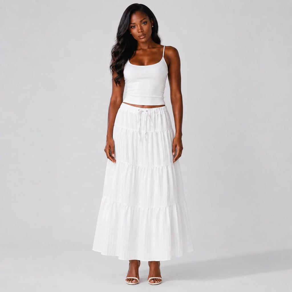 Tiered Drawstring Maxi Skirt WHD0606164