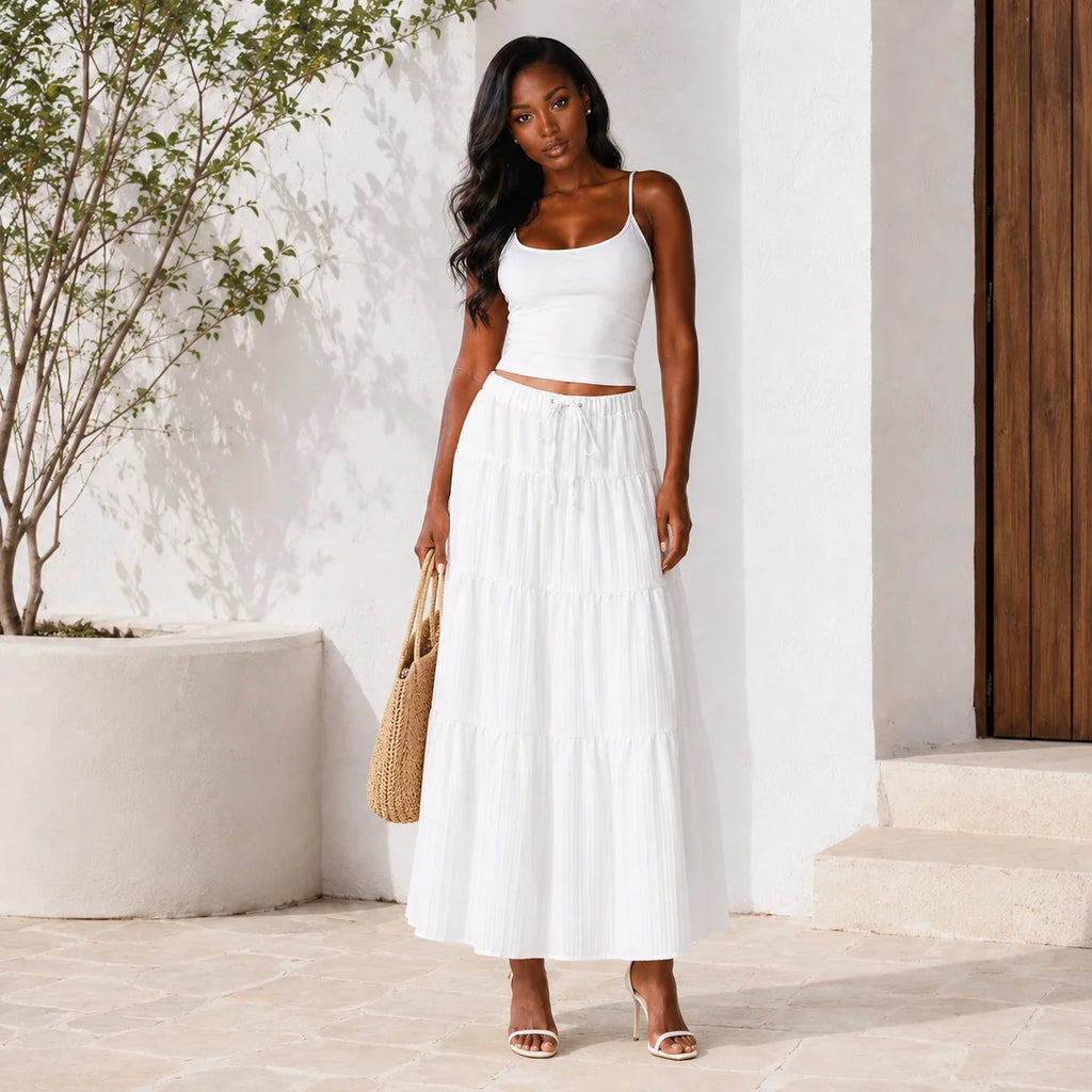 Tiered Drawstring Maxi Skirt WHD0606164
