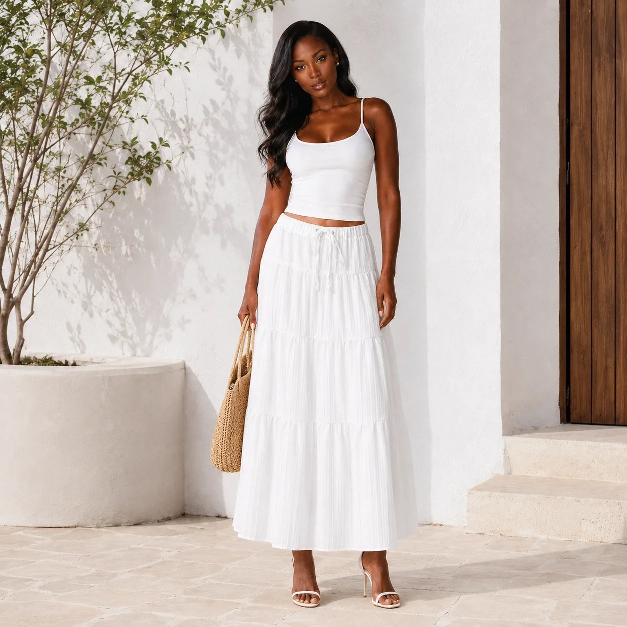 Tiered Drawstring Maxi Skirt WHD0606164