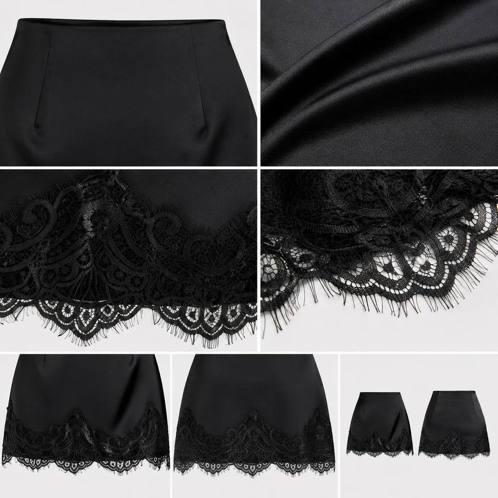 Lace Trim Satin Mini Skirt WHD0606167