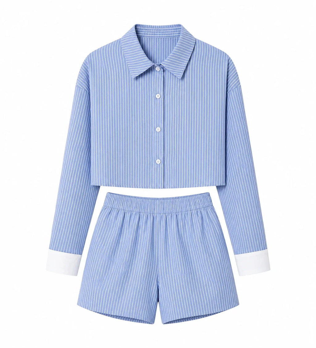 Striped Cropped Shirt Short Set WHD0606178