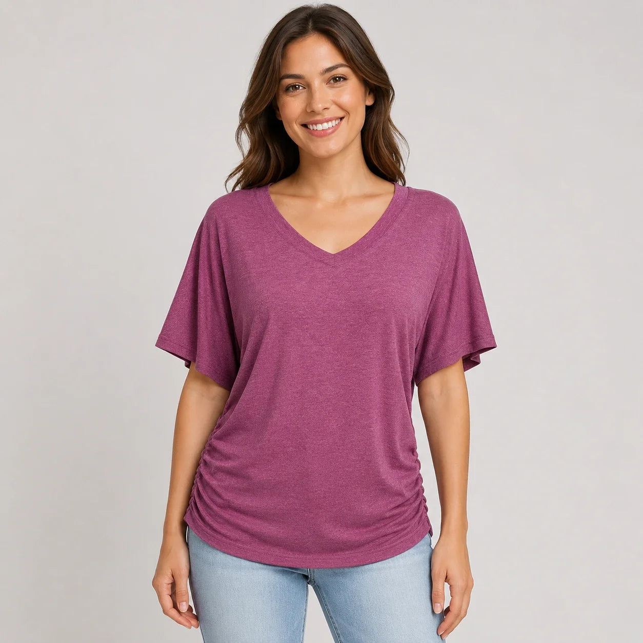 Ruched V-Neck Knit Top WHD0606182
