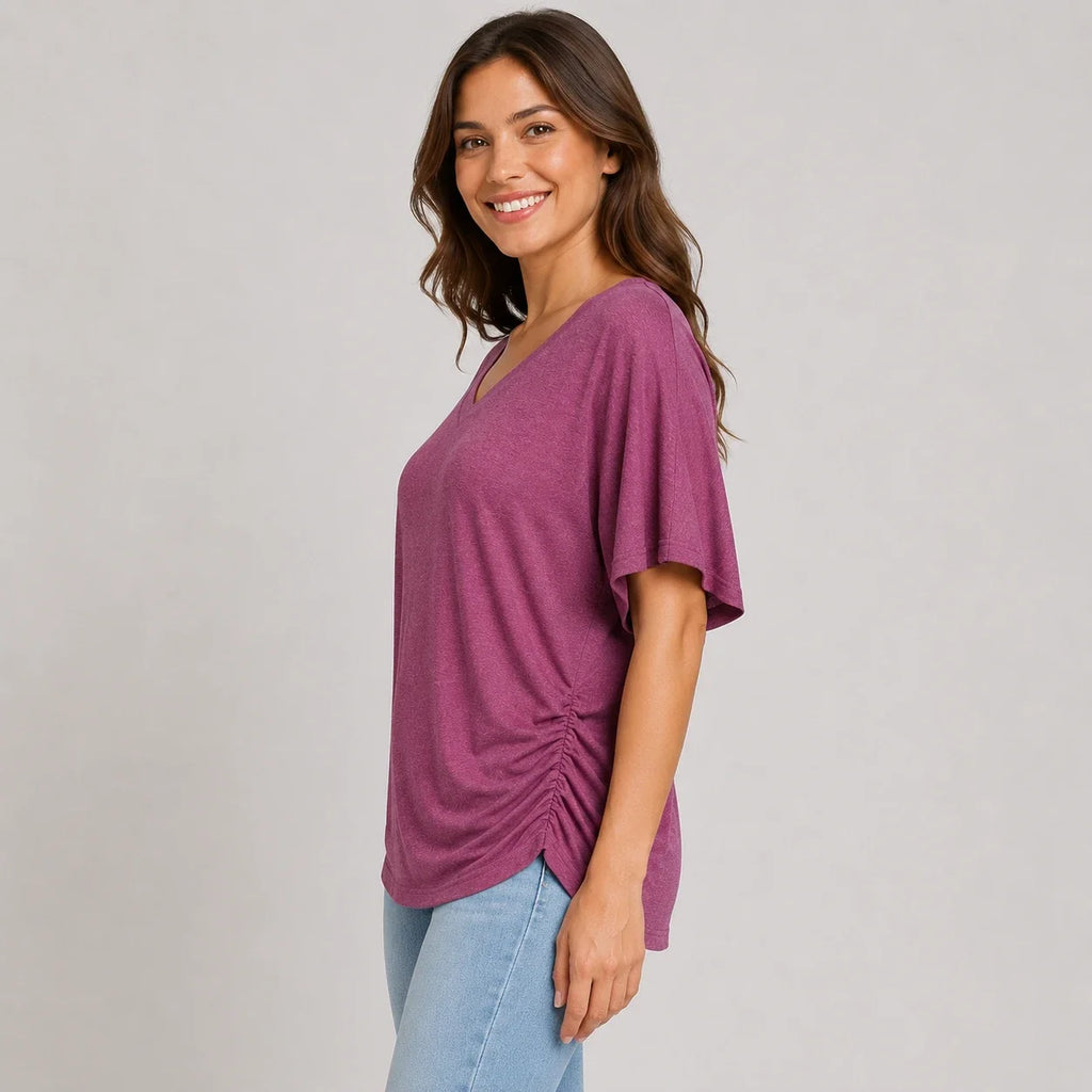 Ruched V-Neck Knit Top WHD0606182