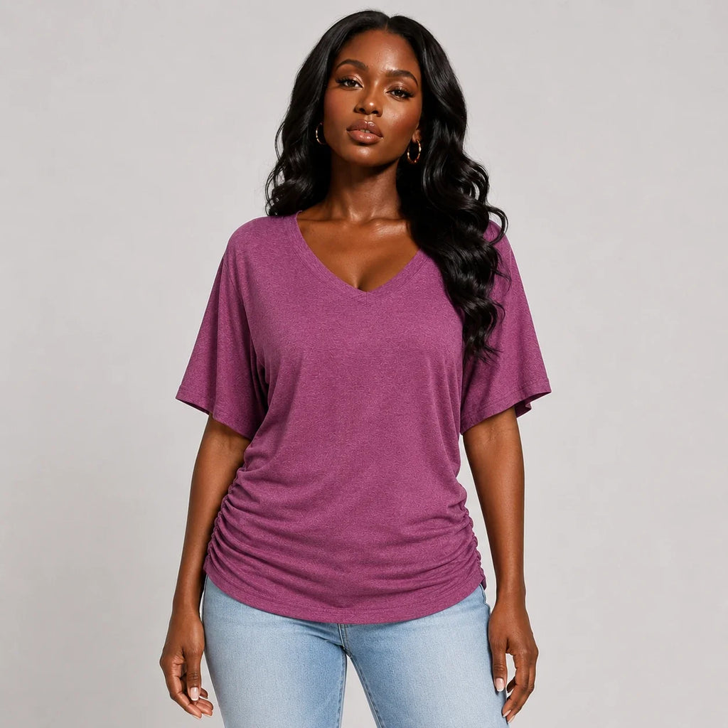 Ruched V-Neck Knit Top WHD0606182