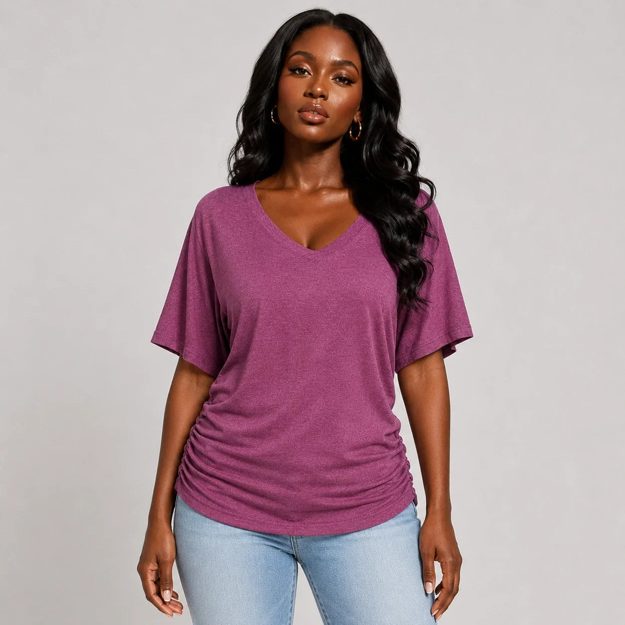 Ruched V-Neck Knit Top WHD0606182
