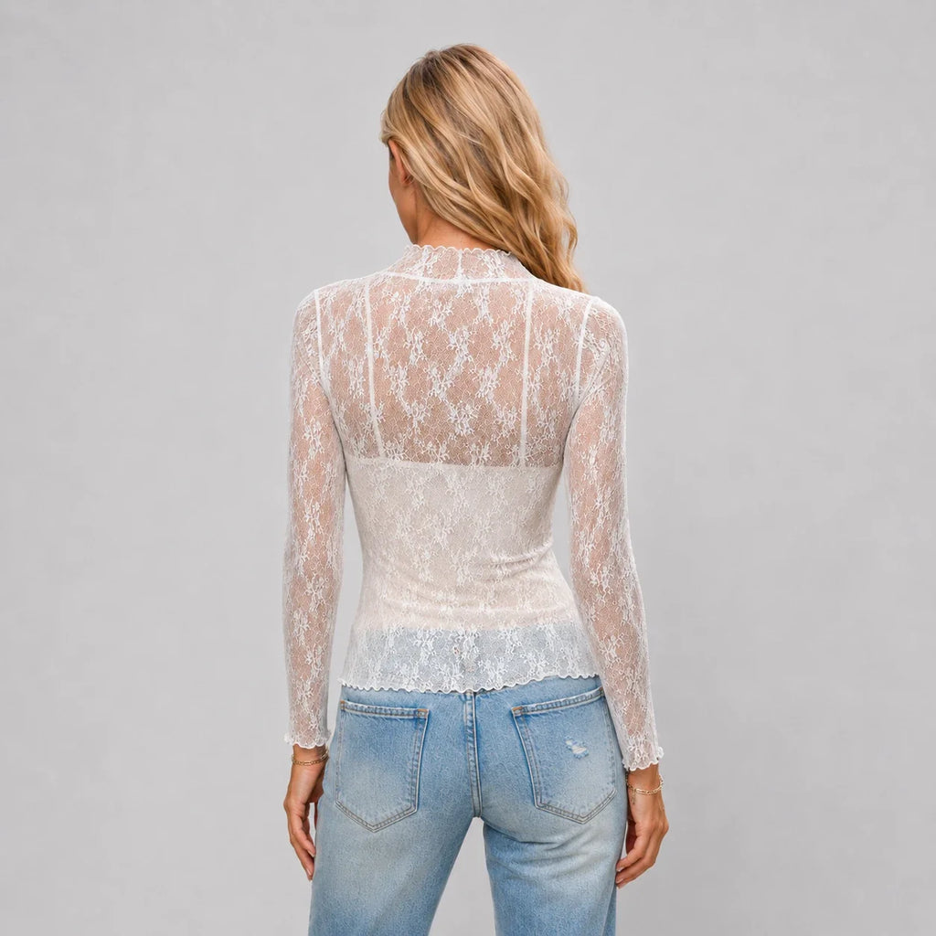 Sheer Lace Mock Neck Top WHD0606187