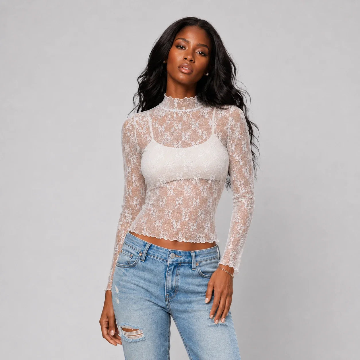 Sheer Lace Mock Neck Top WHD0606187