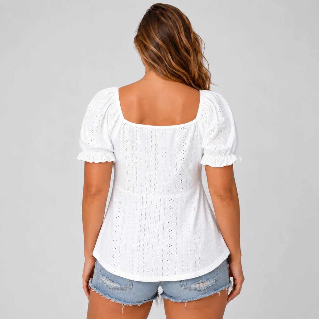 Eyelet Drawstring Puff Sleeve Top WHD0606191