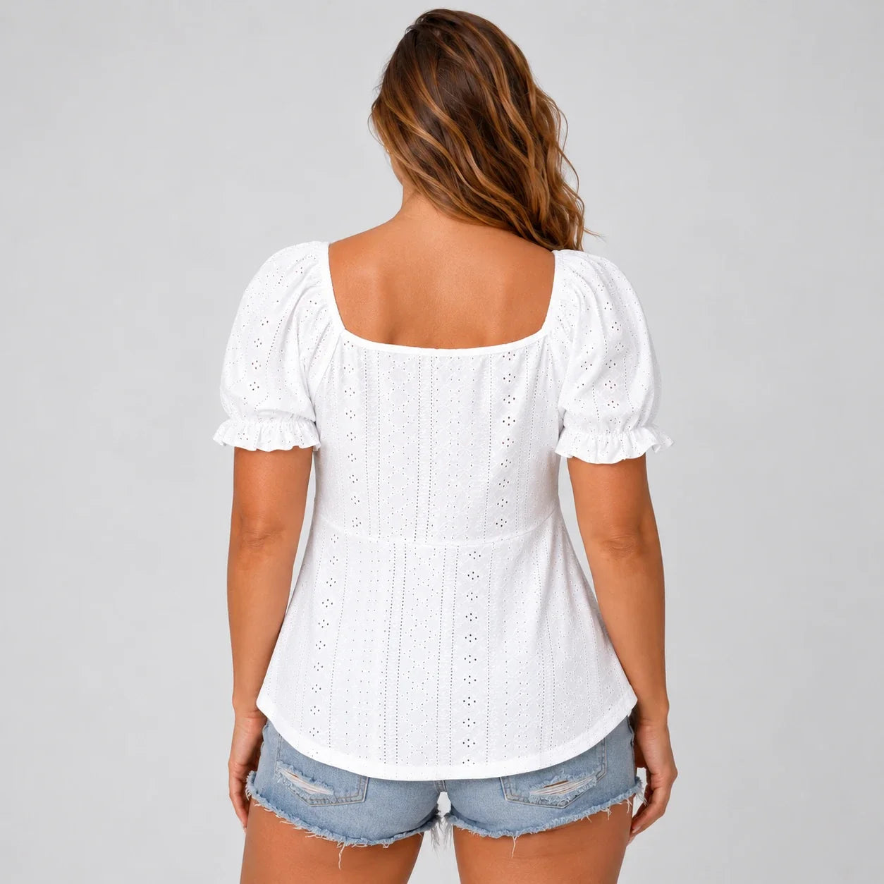 Eyelet Drawstring Puff Sleeve Top WHD0606191
