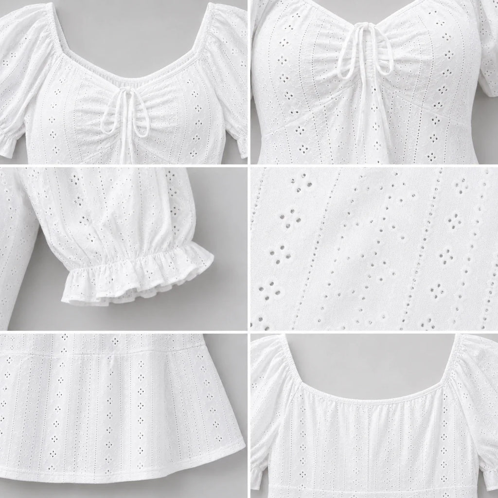 Eyelet Drawstring Puff Sleeve Top WHD0606191