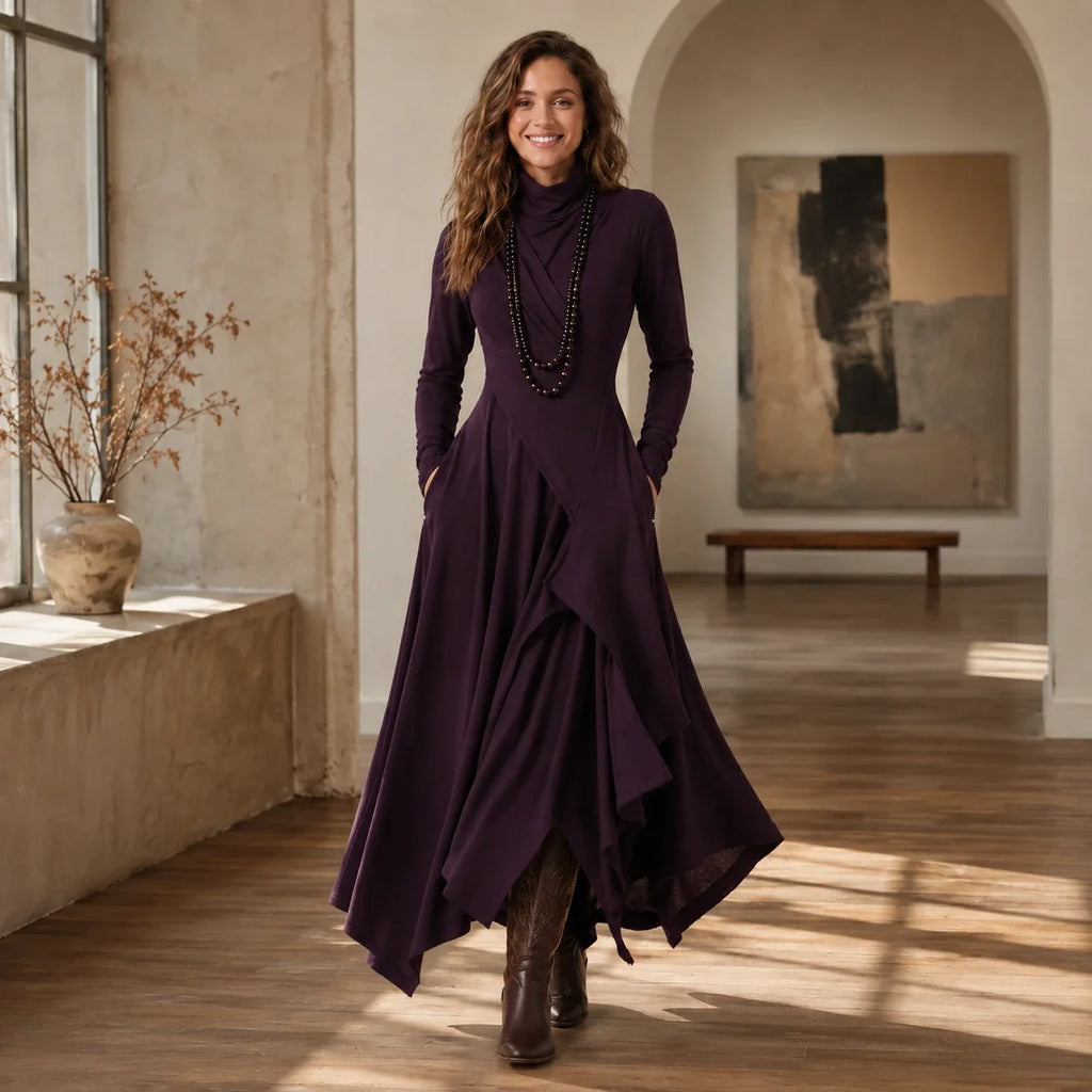 Asymmetric Turtleneck Maxi Dress WHD0606193