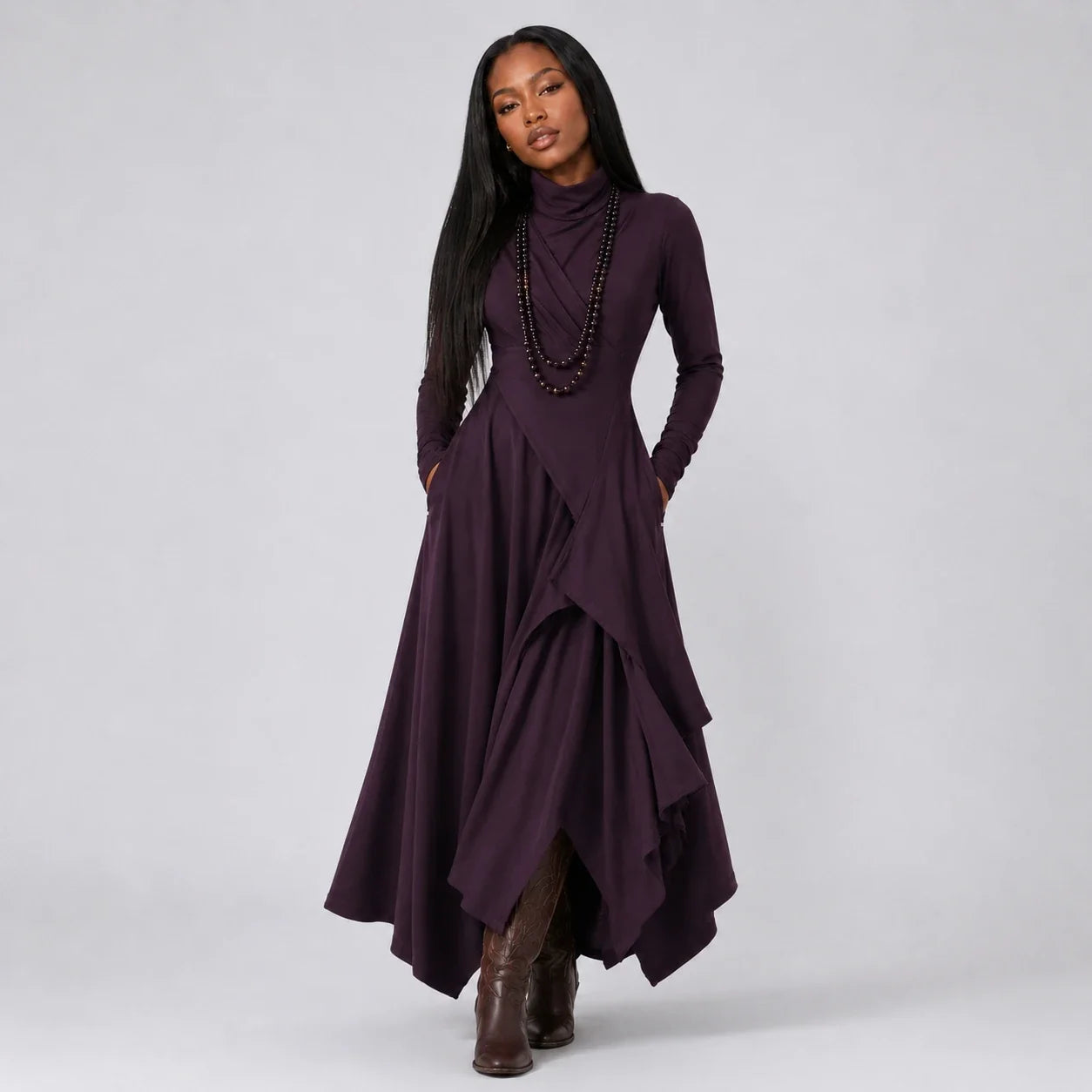 Asymmetric Turtleneck Maxi Dress WHD0606193