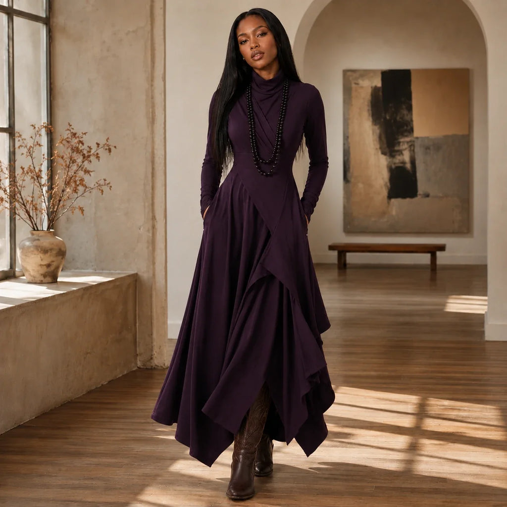 Asymmetric Turtleneck Maxi Dress WHD0606193