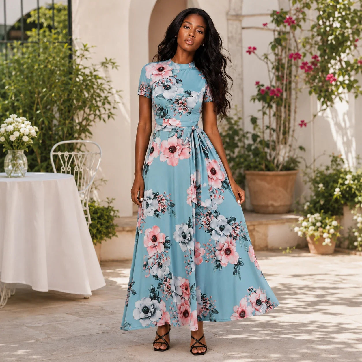Floral Tie-Waist Maxi Dress WHD0606195