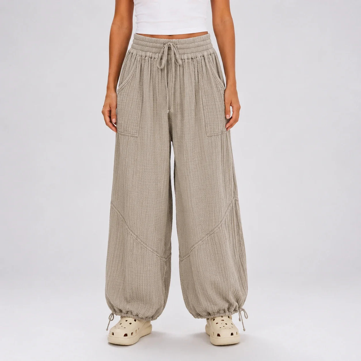 Textured Drawstring Wide Leg Pants WHD0606205