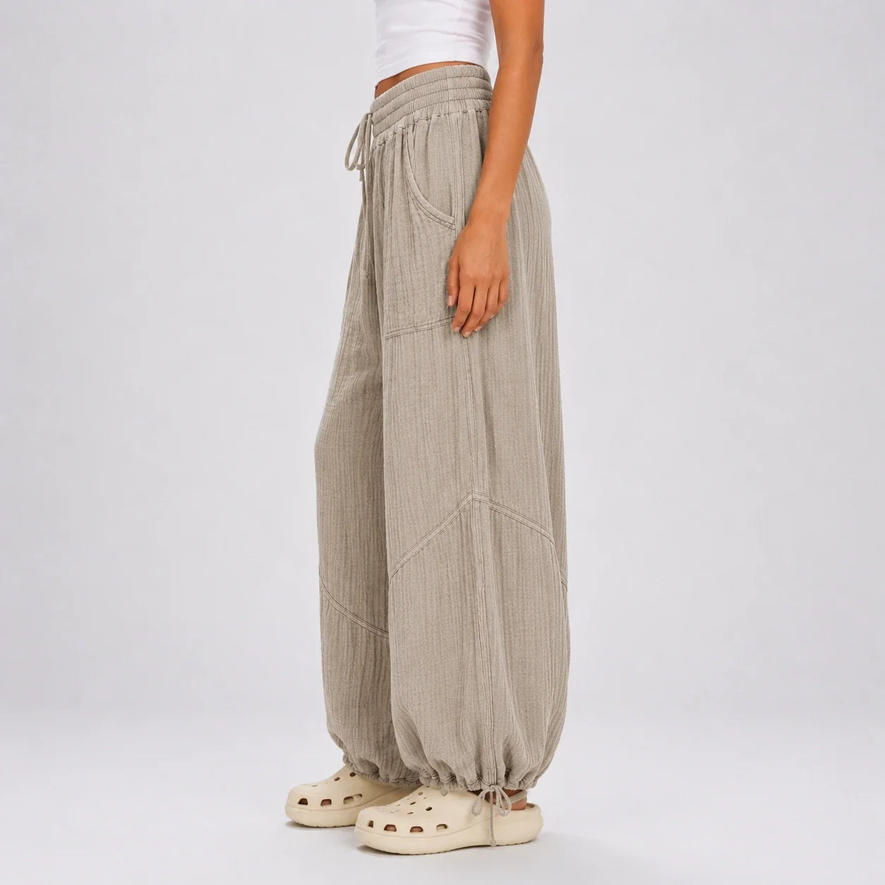 Textured Drawstring Wide Leg Pants WHD0606205