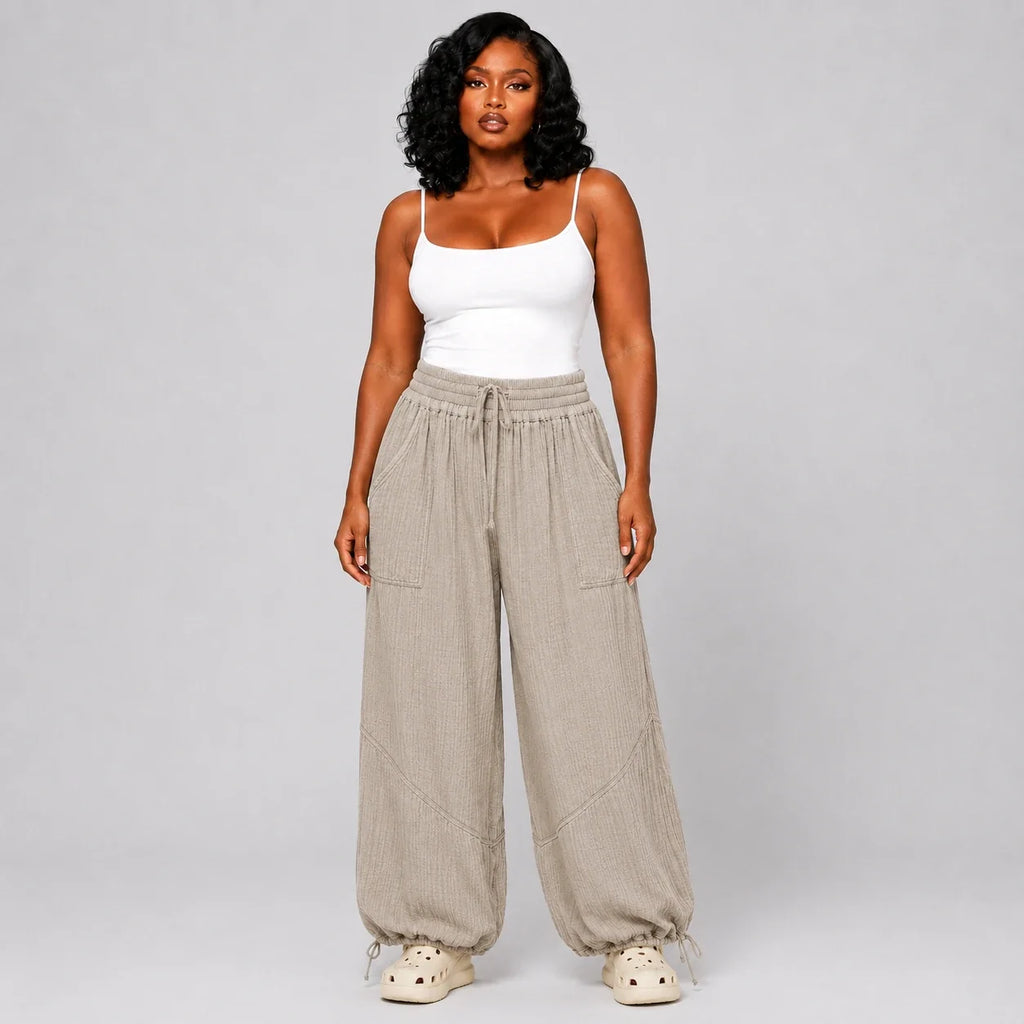Textured Drawstring Wide Leg Pants WHD0606205