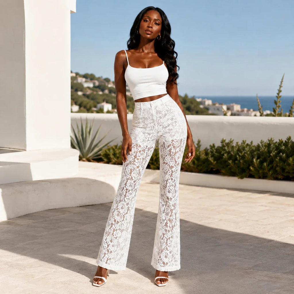 White Lace Flare Pants WHD0606211