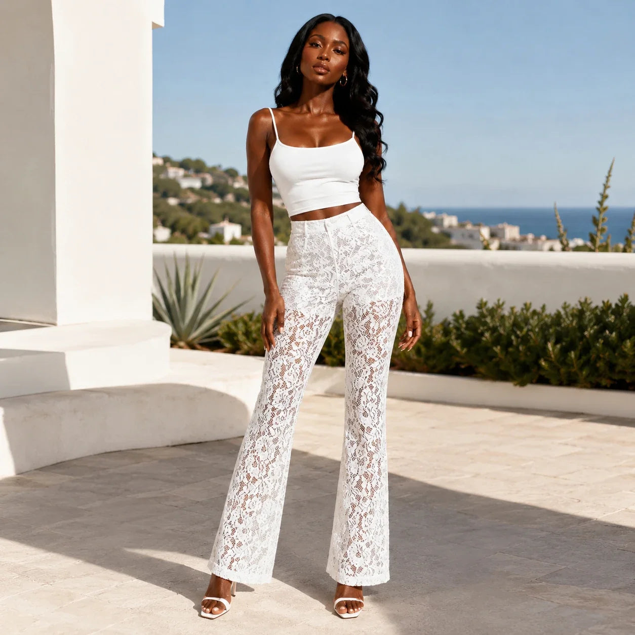 White Lace Flare Pants WHD0606211