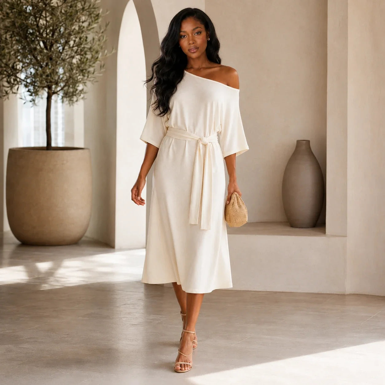 Off-Shoulder Belted Midi Dress WHD0606212