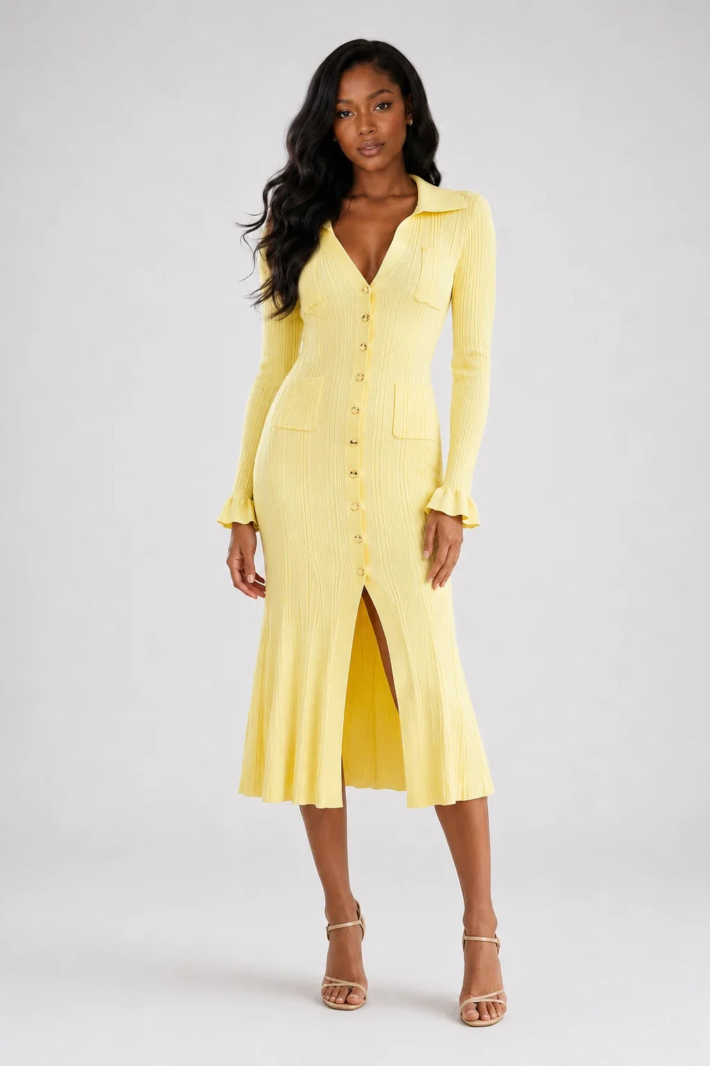 Ribbed Button Midi Dress WHD0606213