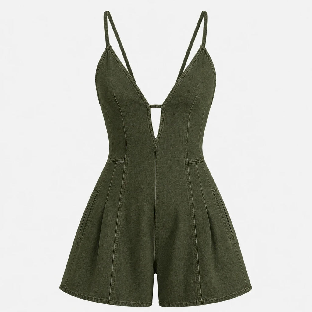 Lace-Up Back Denim Romper WHD0606217