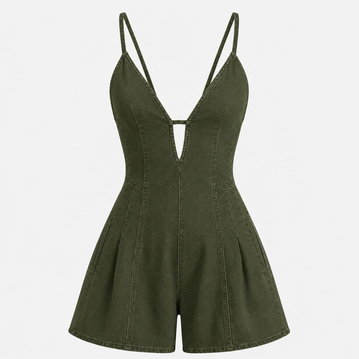 Lace-Up Back Denim Romper WHD0606217