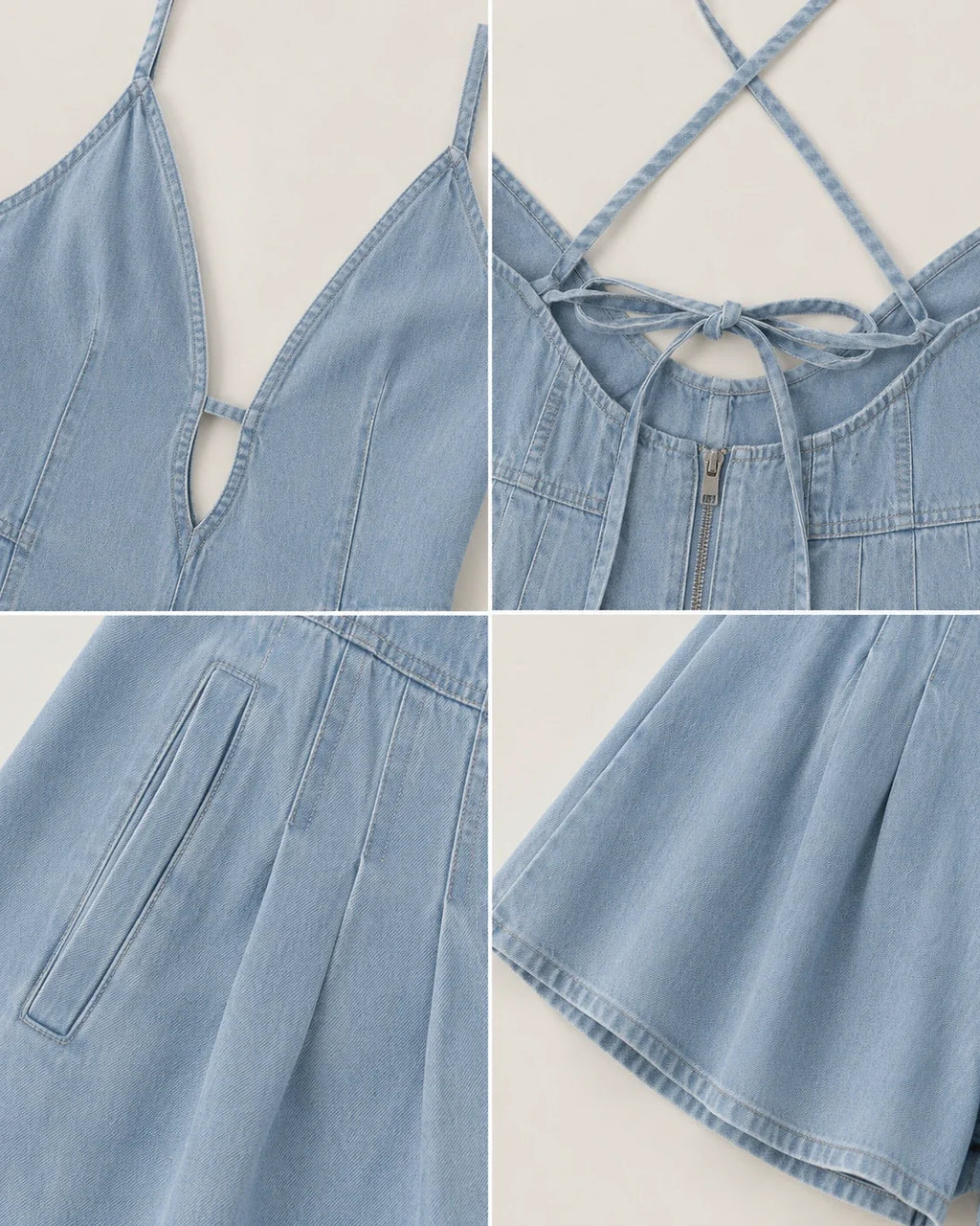 Lace-Up Back Denim Romper WHD0606217