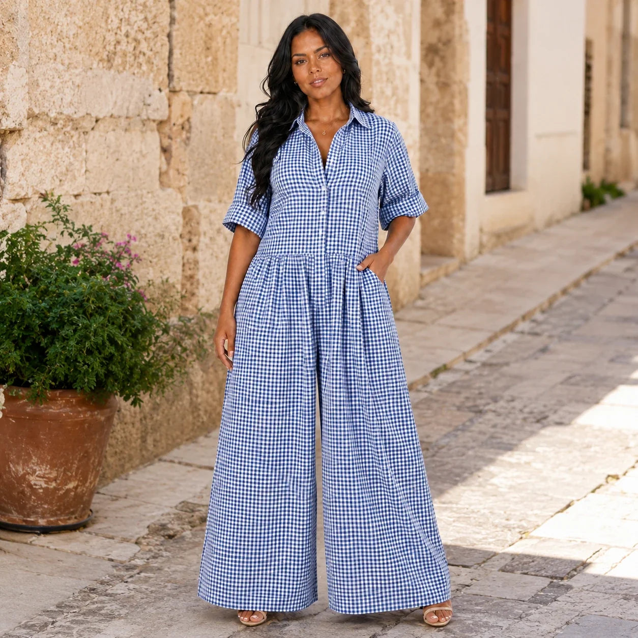 Gingham Wide Leg Jumpsuit WHD0606218