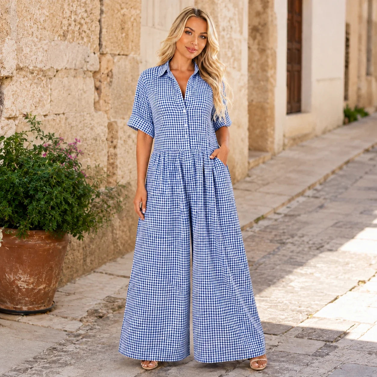 Gingham Wide Leg Jumpsuit WHD0606218