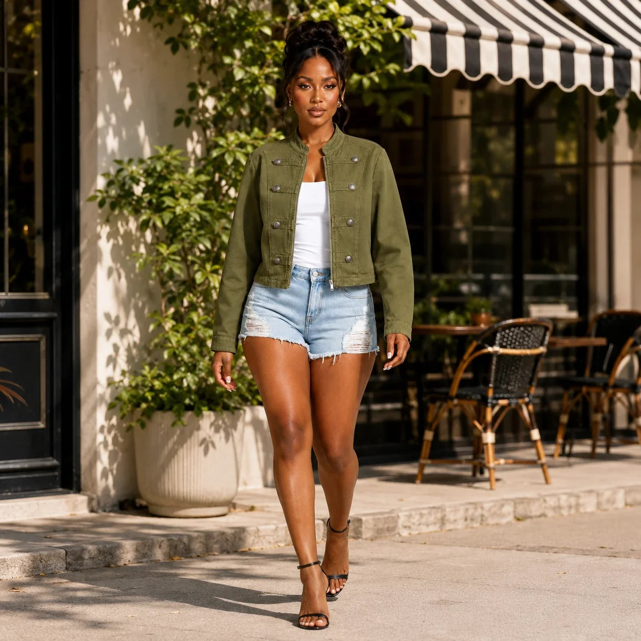 Military Button Cropped Jacket WHD0606233