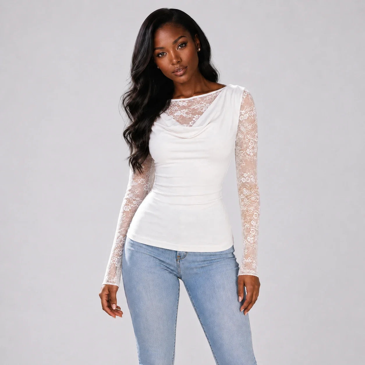 Lace Sleeve Cowl Top WHD0606235