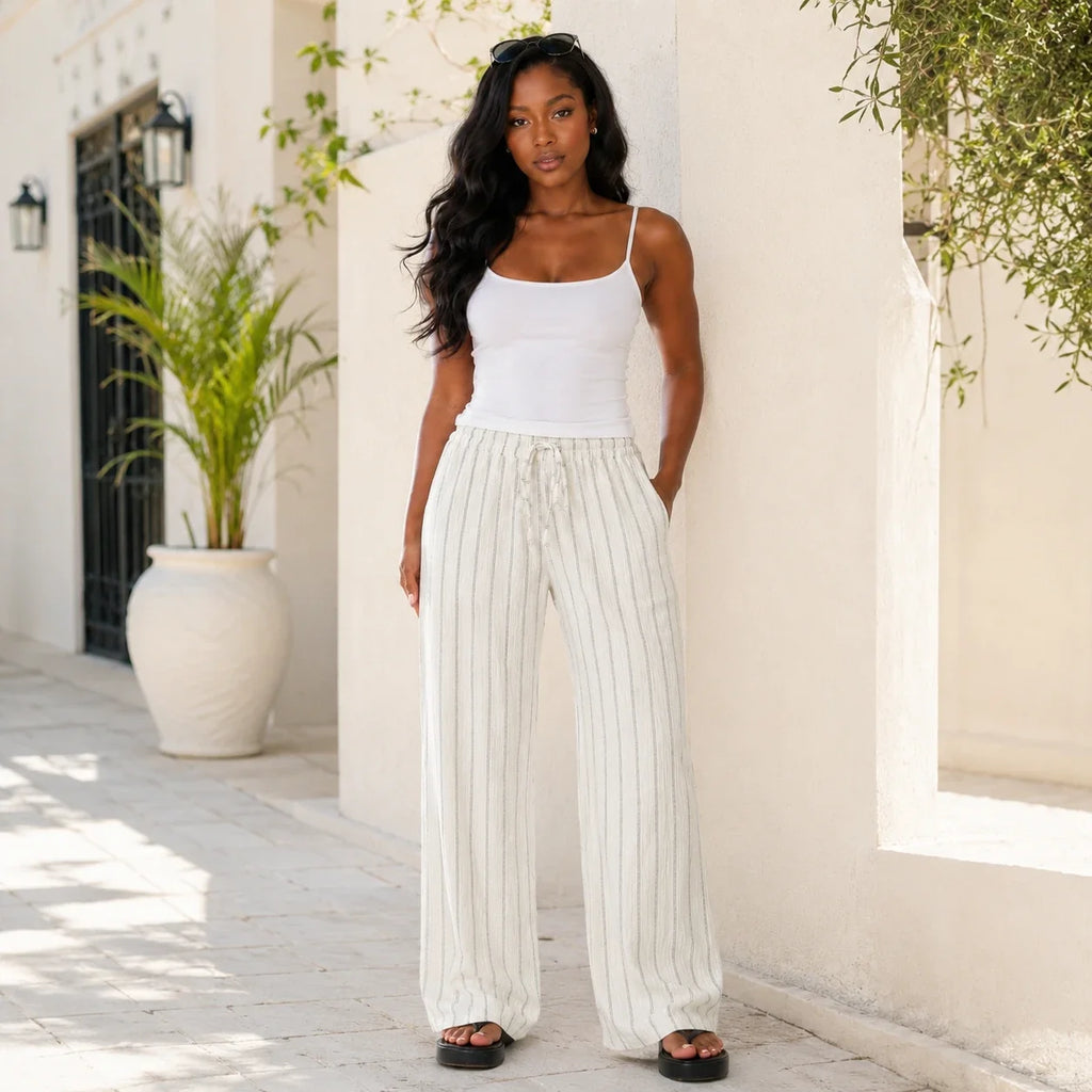 Striped Drawstring Wide Leg Pants WHD0606244
