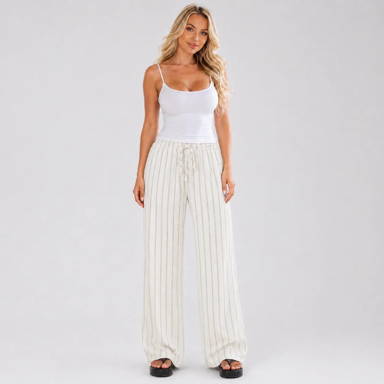 Striped Drawstring Wide Leg Pants WHD0606244