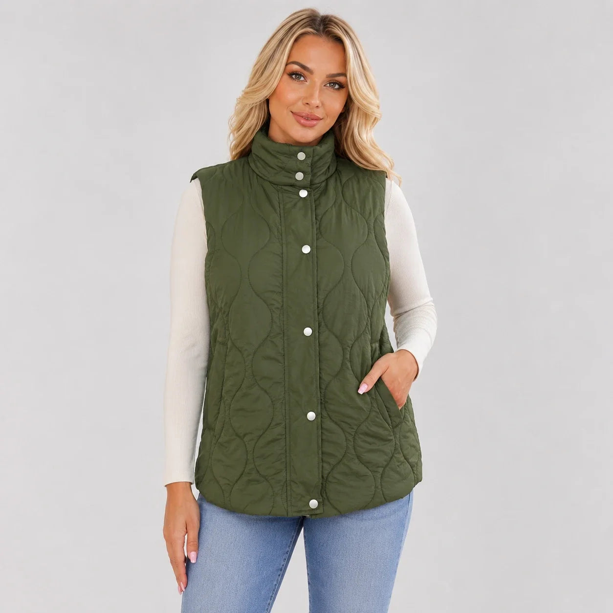 Olive Quilted Snap Vest WHD0606262