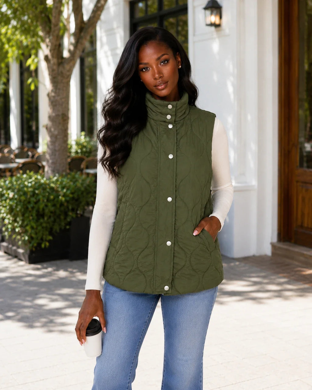 Olive Quilted Snap Vest WHD0606262