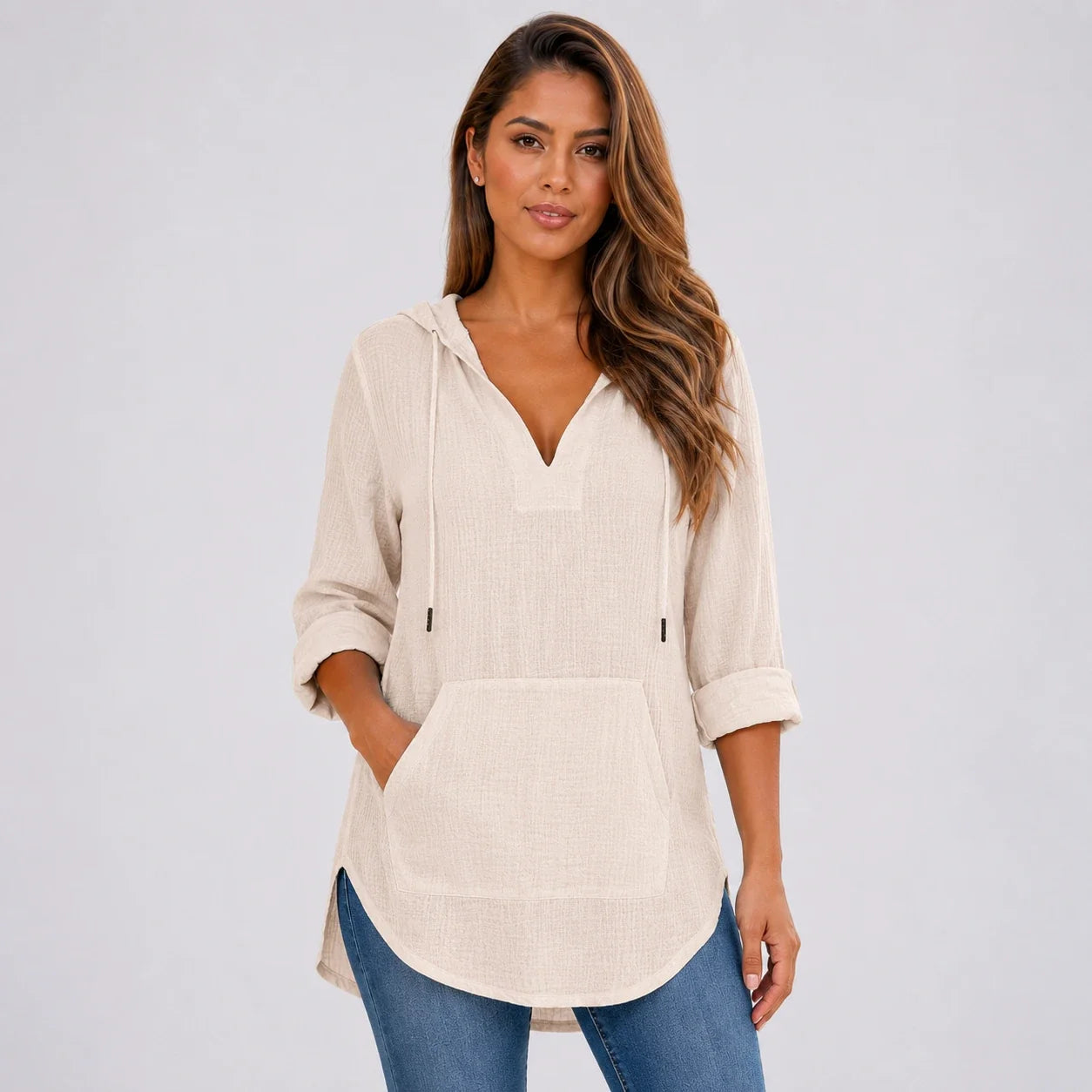 Gauze Hooded Tunic Top WHD0606267