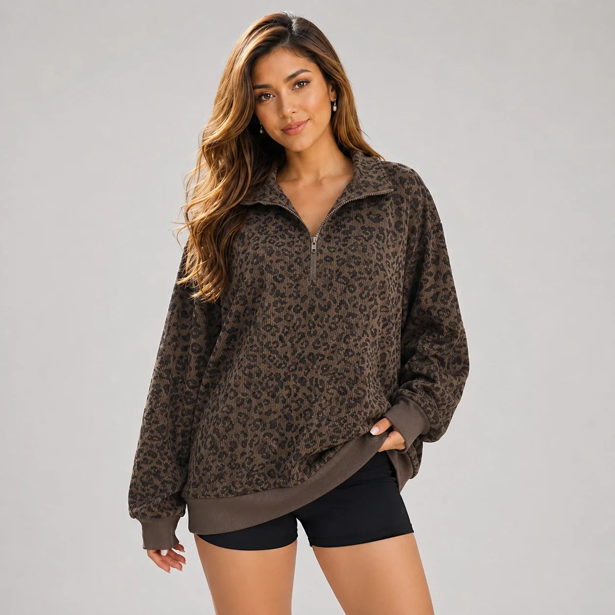Leopard Half-Zip Pullover Top WHD0606269
