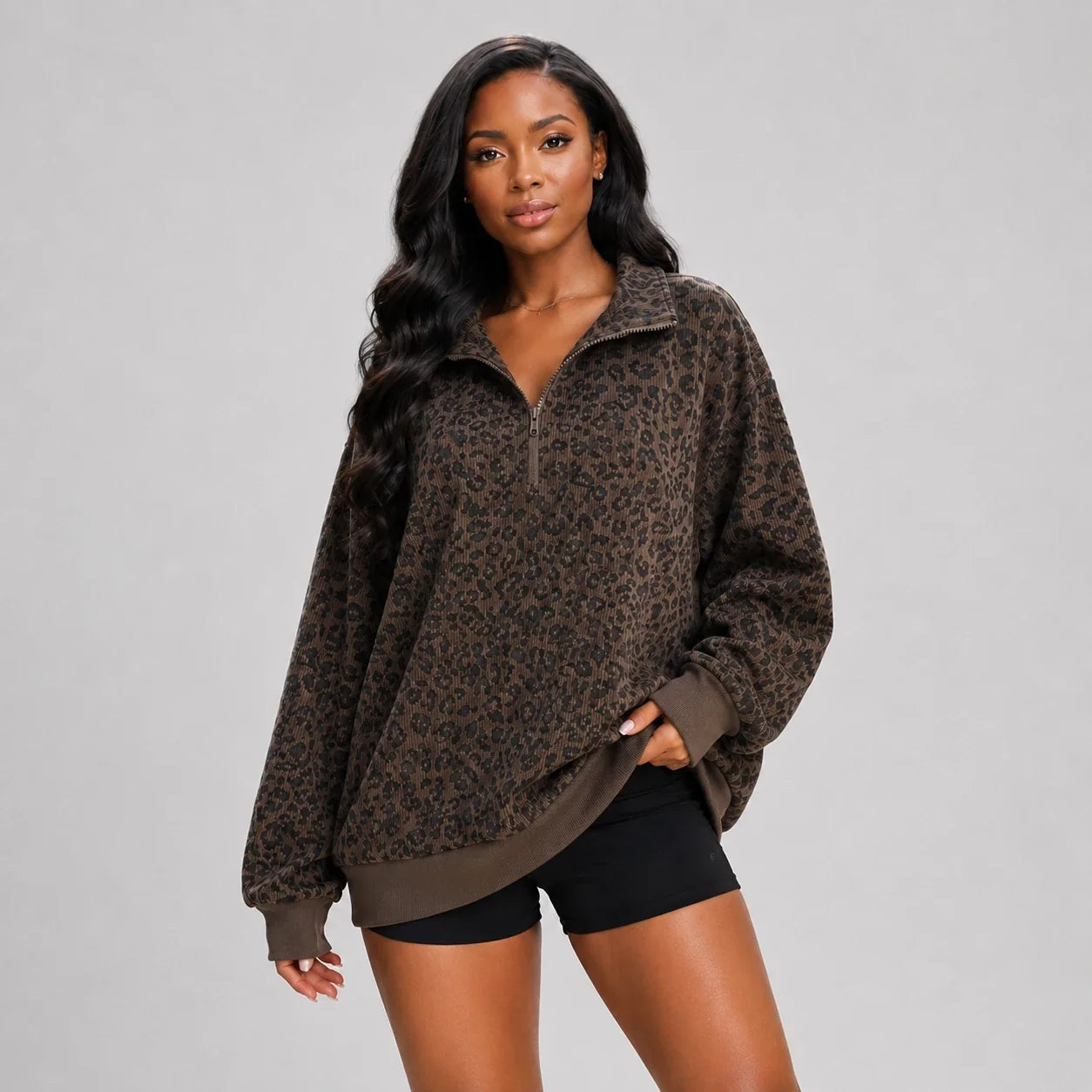 Leopard Half-Zip Pullover Top WHD0606269