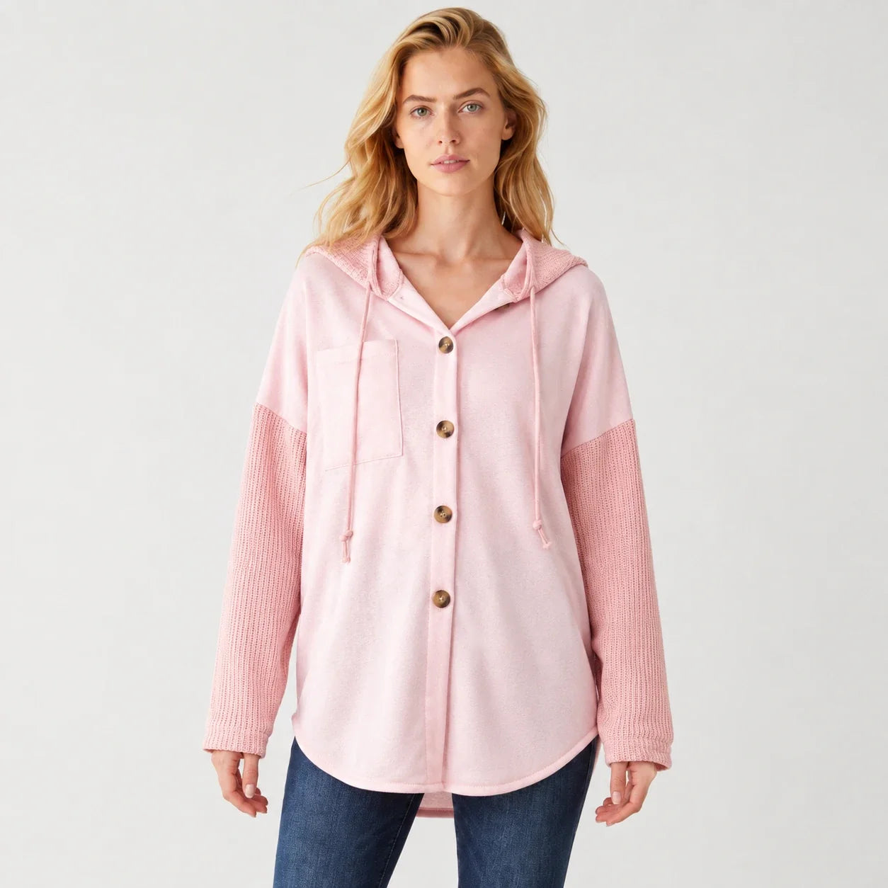 Hooded Button Knit Sleeve Top WHD0606272